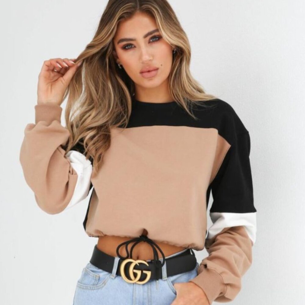 Tiger Mist colorblock cropped sweatshirt featuring a drawstring hem, Size L